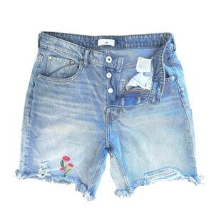 H&M High Waist Embroidered Blue Jean Button Fly Denim Shorts Distressed Size 8